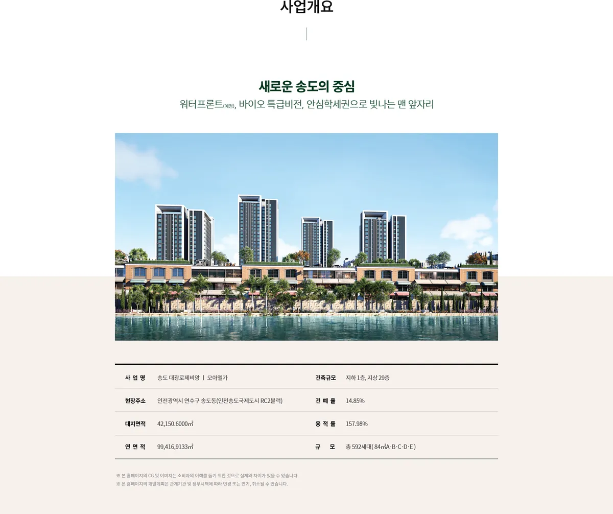 송도 대광로제비앙 모아엘가 사업개요 - 대지면적, 연면적, 건축규모, 세대수